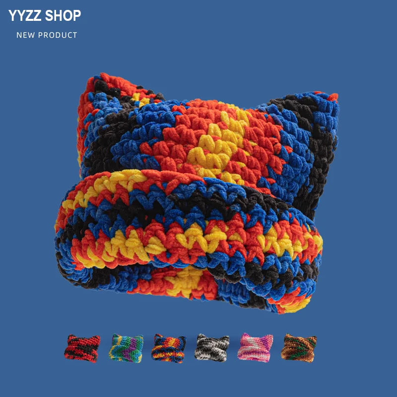 Chenille Dopamine Color Thick Yarn Knitted Beanie Unisex Warm Ear Protection Cute Cap