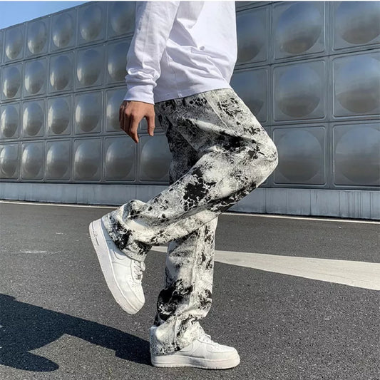 Men's Fashion Printed jeans Korean Style High Street Loose Hip Hop Wide-leg Pants