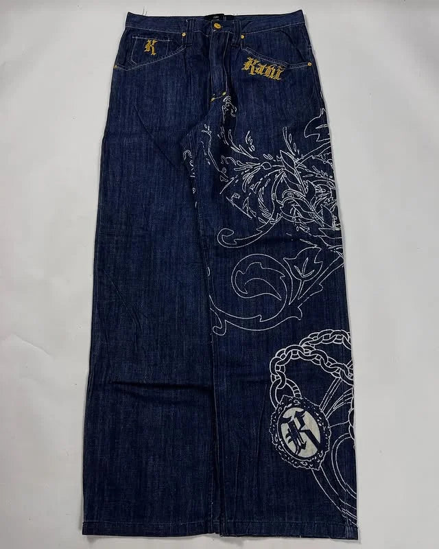 Dragon Print Men's Baggy Fit Jeans High Street  Casual Trendy Streetwear