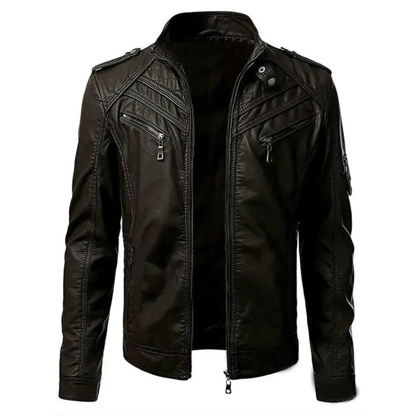 High-end leather coat western solid color handsome stand-up collar jacket