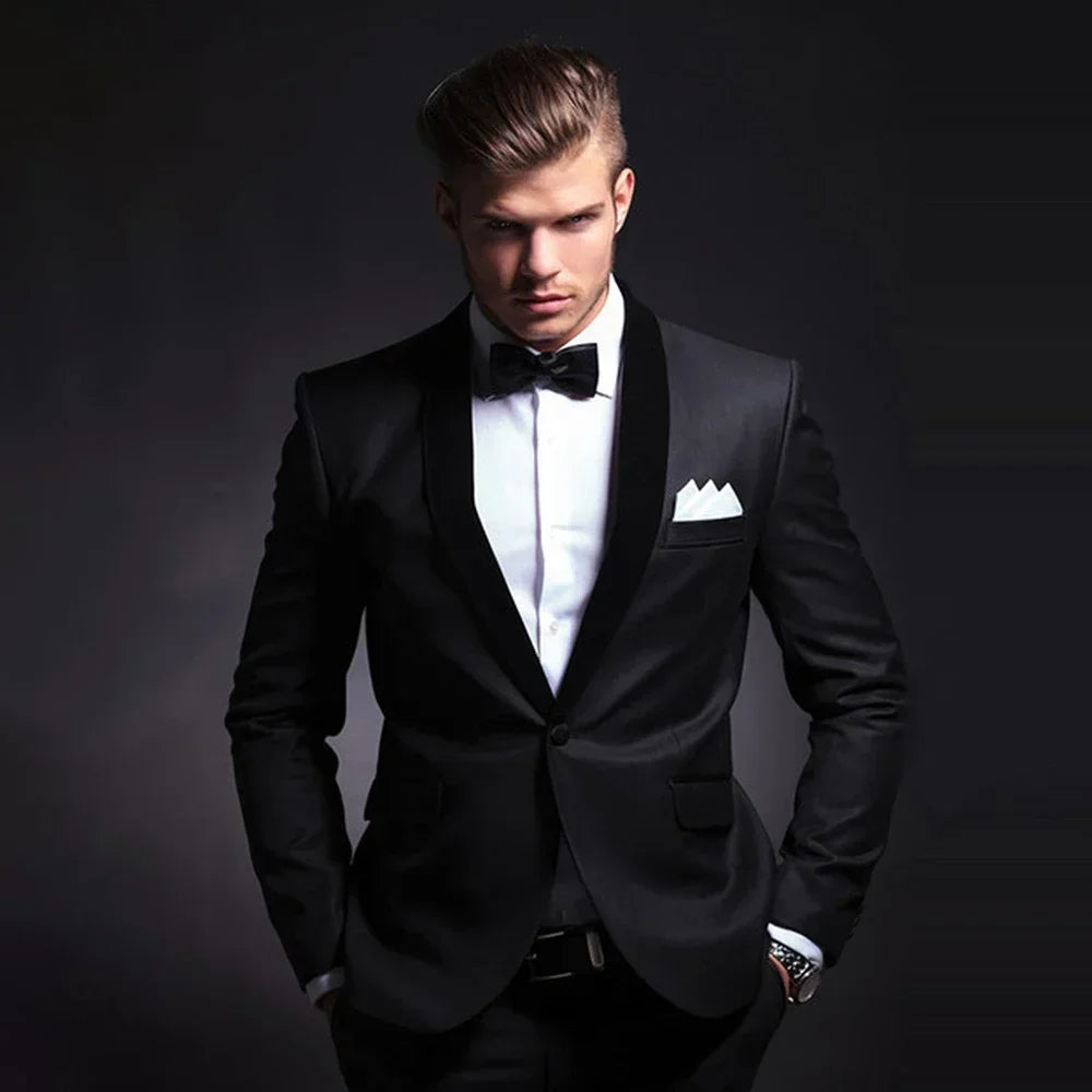 High Quality Men's Suits Black Single Breasted Shawl Lapel Formal 2 Piece Jacket Pants