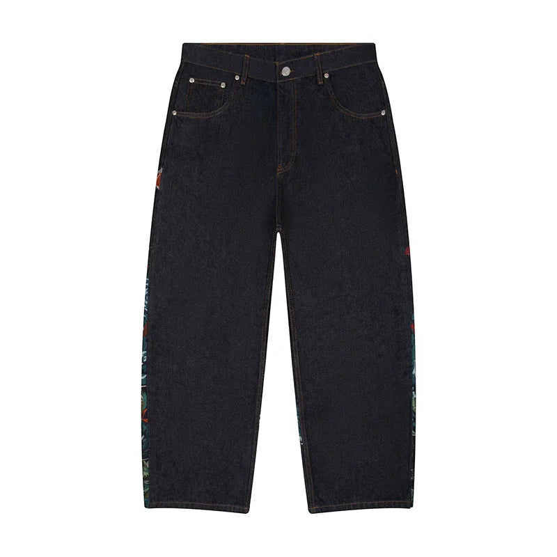Loose Comfortable Jeans Vibrant Koi Fish Lotus Embroidery Chinese Wide Leg Jeans Men Streetwear