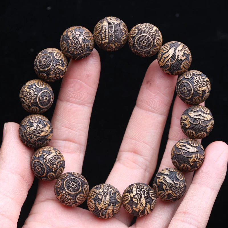 Multicolor Wooden Bracelet Men's 20mm Elastic Bead Lucky Mythical Animal Sculpture