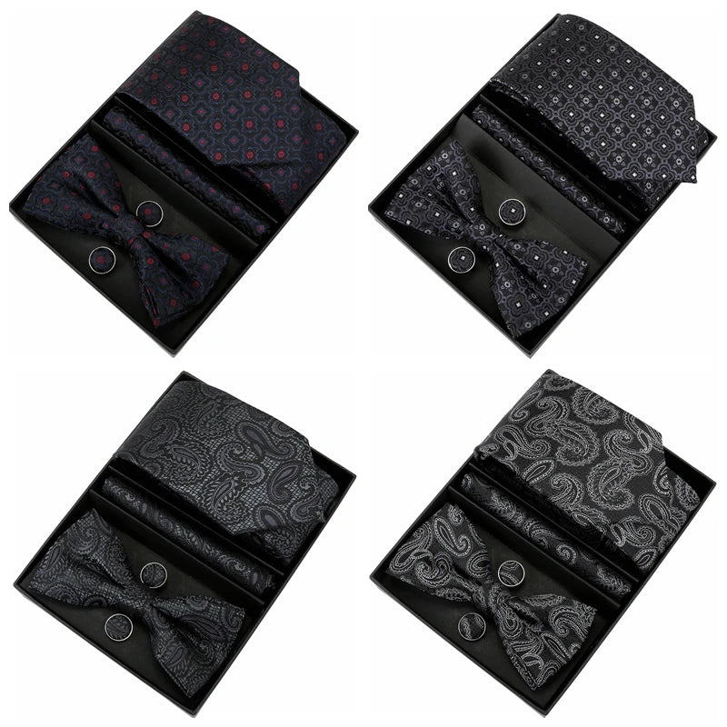 Silk Tie For Men Bowtie Pocket Square Cufflinks Set