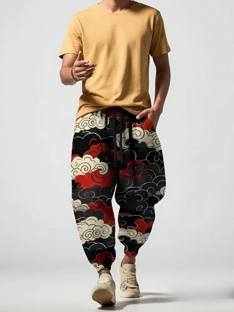 Men's Cloud Japanese Print Loose Drawstring Waist Sweatpants Oversized Harem Pants