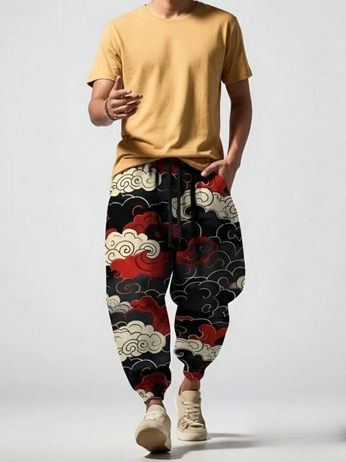 Men's Cloud Japanese Print Loose Drawstring Waist Sweatpants Oversized Harem Pants