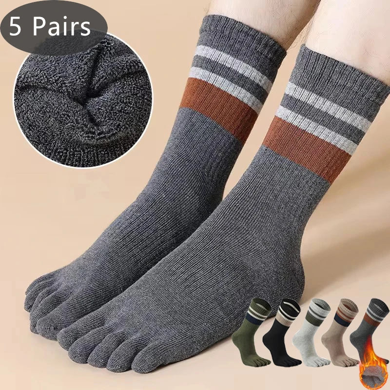 5 Pairs Terry Toe Man Cotton Striped Thick Elastic Sweat-Absorbing Long Socks