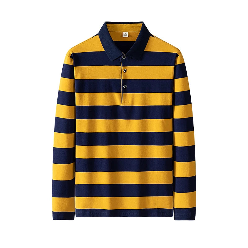 Men Cotton Long Sleeve Stripe Embroidery Casual Polo Shirt