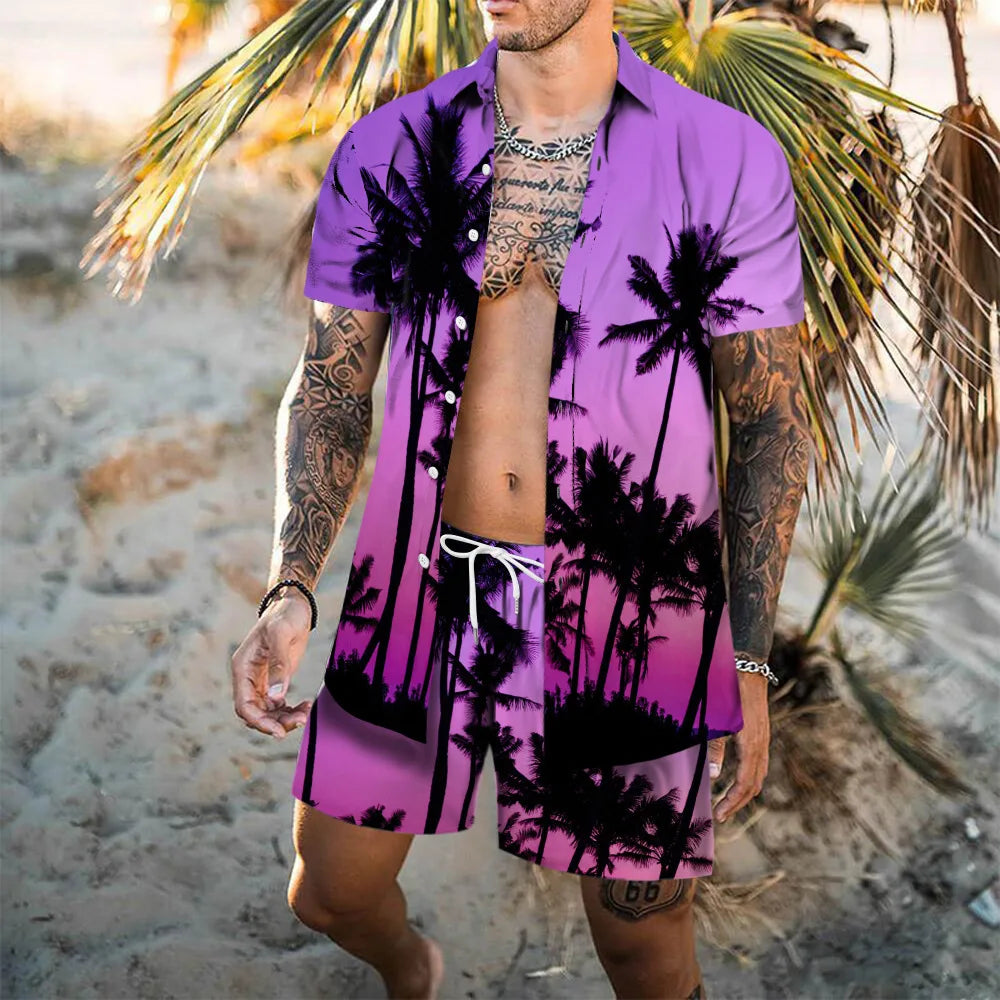 Hawaii Beach Men's Shirt Set Flamingo 3D Printed Loose Short Sleeve Shorts 2Pcs