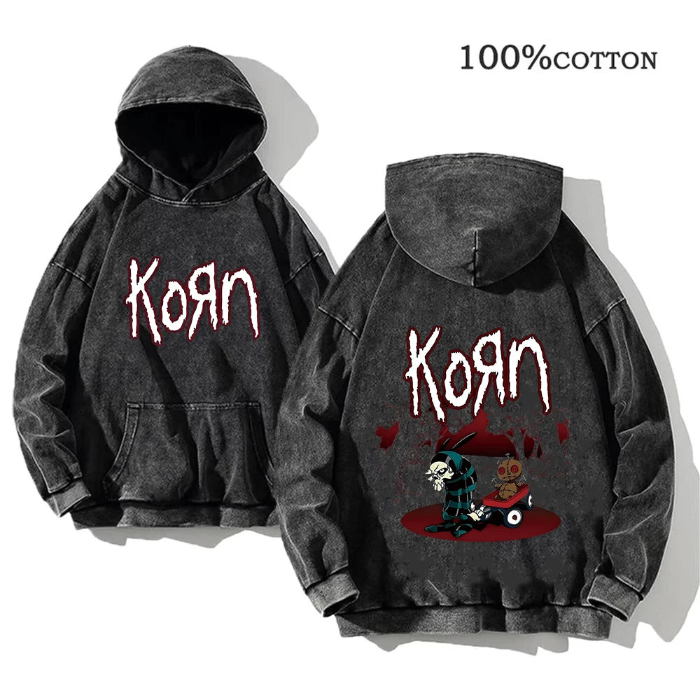 Korn World Tour Hoodies Vintage Washed Men's Sweatshirts Cotton Streetwear Hooded Pullover