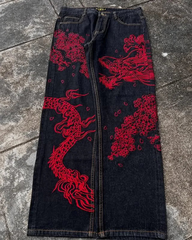 Dragon Print Men's Baggy Fit Jeans High Street  Casual Trendy Streetwear