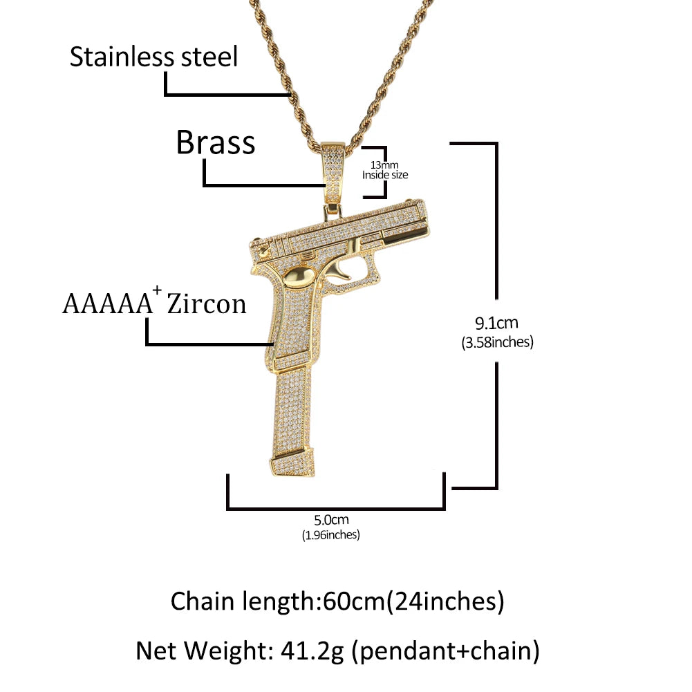Iced Out Full Zirconia Large Size Gun Pendant Hip Hop Men's Jewelry