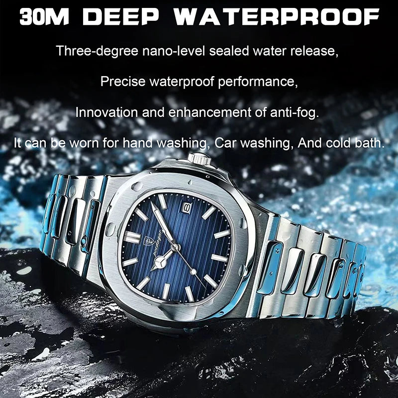 Stainless Steel Men Luxury Luminous Waterproof Square Calendar Quartz Wristwatches