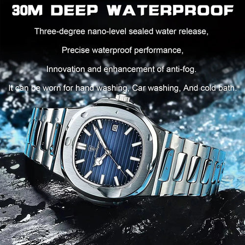 Stainless Steel Men Luxury Luminous Waterproof Square Calendar Quartz Wristwatches