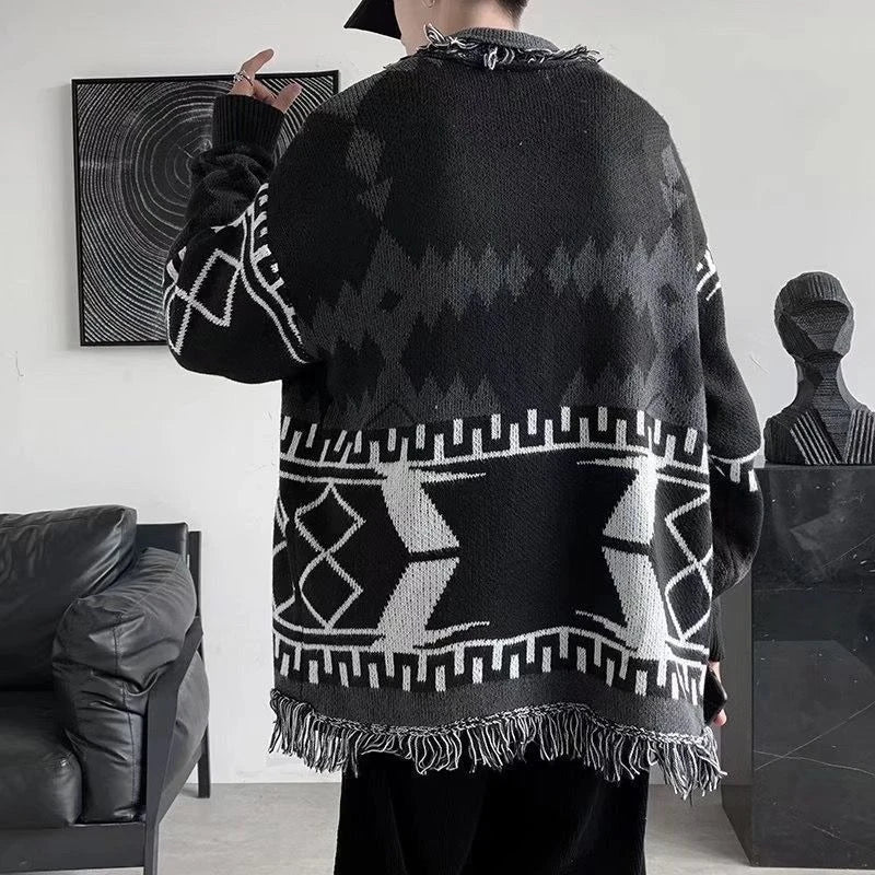 Men's Printed Tassel Knit Cardigan American Vintage HK Style Loose Casual Thin Woolen Sweater