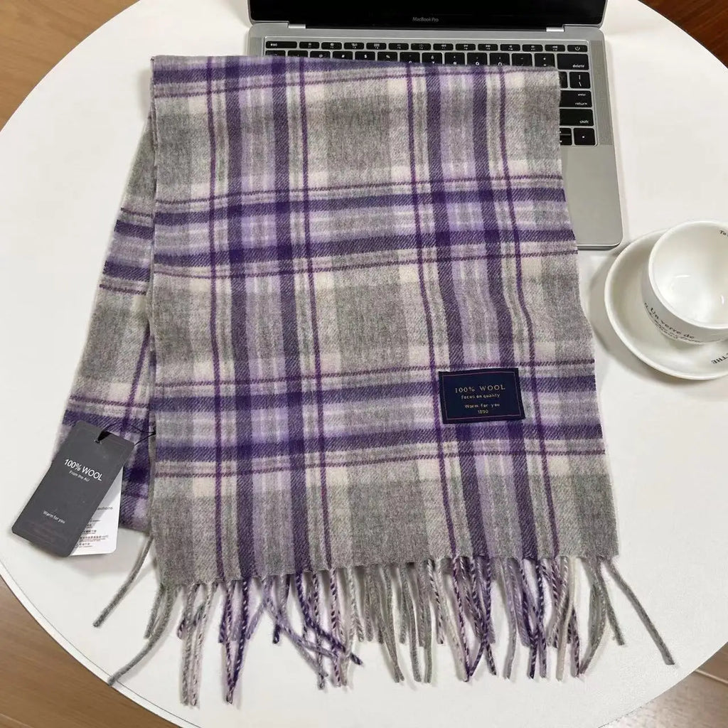 Men 100% Wool Plaid Muffler Cashmere Windproof Stripe Tassel Shaw Thick Scarf