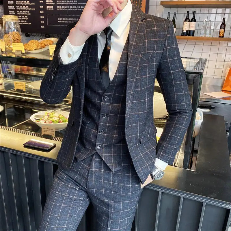 Men's British Three-piece Set Slim Fit Suit Vest Trousers Ensemble Handsome All-in-one