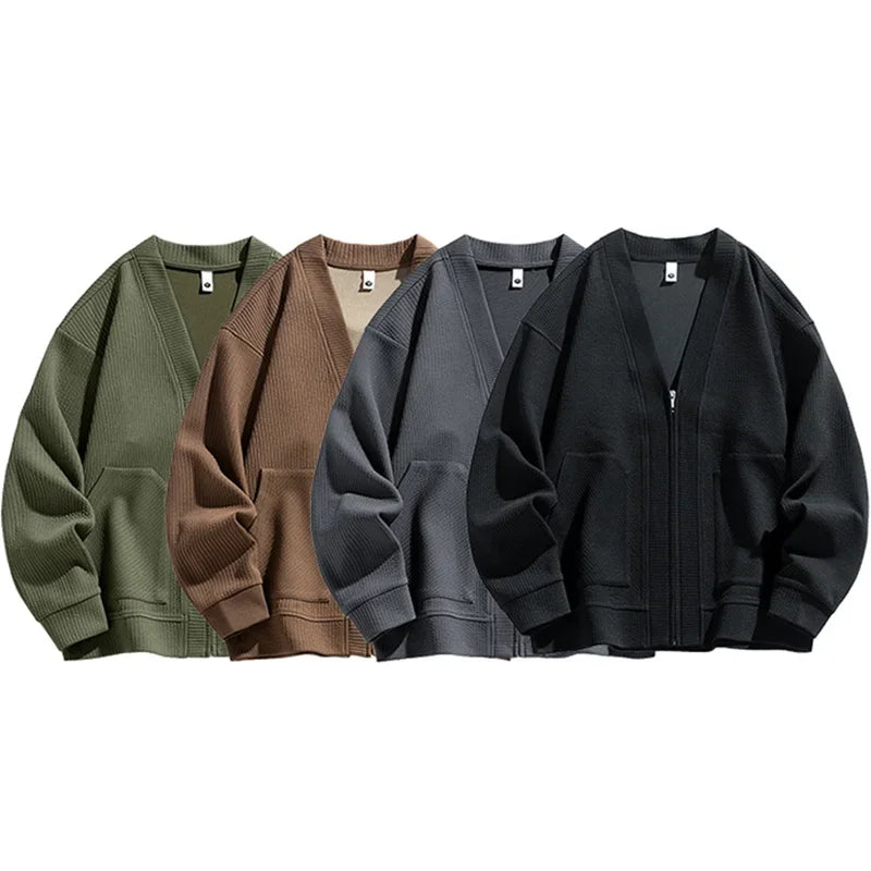 Men Cardigan Pockets Coat Oversize Simple Thin Zipper Loose Sweater