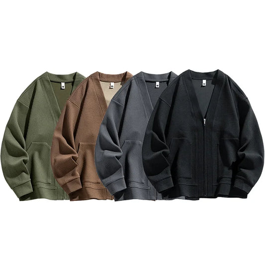 Men Cardigan Pockets Coat Oversize Simple Thin Zipper Loose Sweater