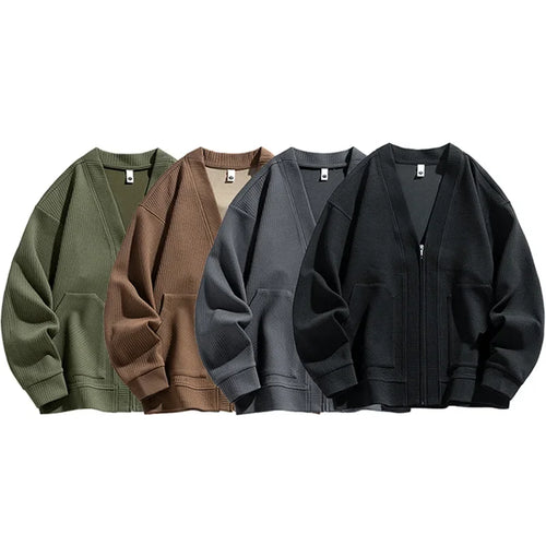 Men Cardigan Pockets Coat Oversize Simple Thin Zipper Loose Sweater