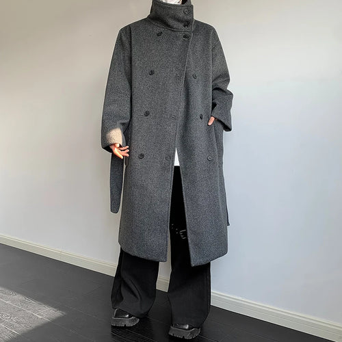 Men's Double-Breasted Wool Blend with Belt Loose Fit Solid Color Stand Collar Trench Coat