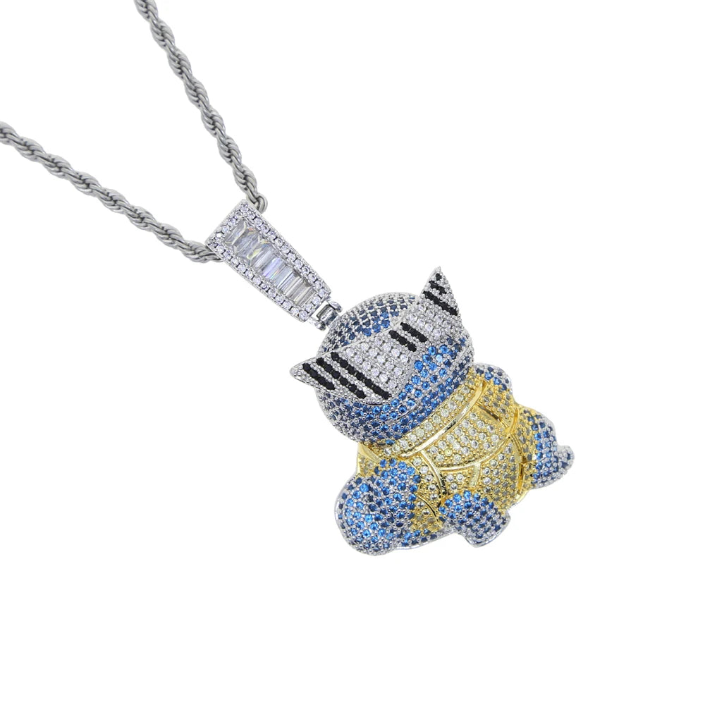 Iced Out Bling Squirtle Pendant Necklace Micro Pave Color Hip Hop Men's Jewelry