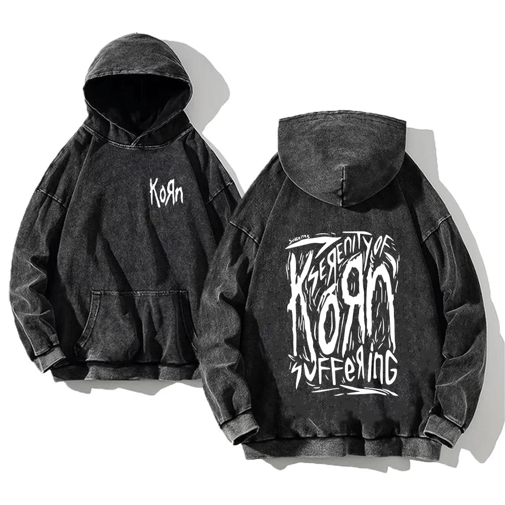 Korn World Tour Hoodies Vintage Washed Men's Sweatshirts Cotton Streetwear Hooded Pullover