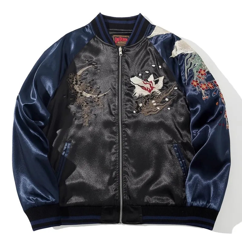 Men Sukajan Jacket Nine Tailed Fox Peony Embroidered Bomber Letterman