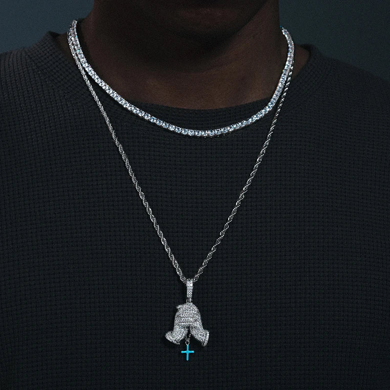 Men Glowing Hand of Prayer Cross Pendant Sterling Silver 925 Chain