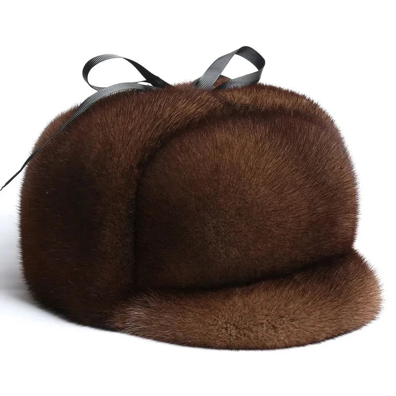 Thickened Genuine Mink Fur Bomber Hat For Man Russian Caps