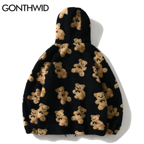 Fleece Hooded Jackets Bear Print Full Zip Hooded Coat