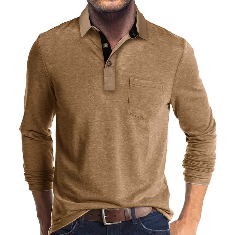Men's Long Sleeve Casual Solid Lapel Button Up Turn Down Collar Polo Shirt