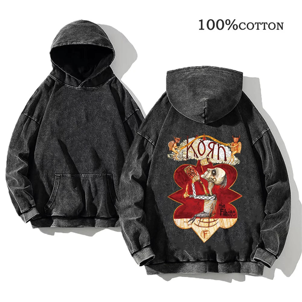 Korn World Tour Hoodies Vintage Washed Men's Sweatshirts Cotton Streetwear Hooded Pullover