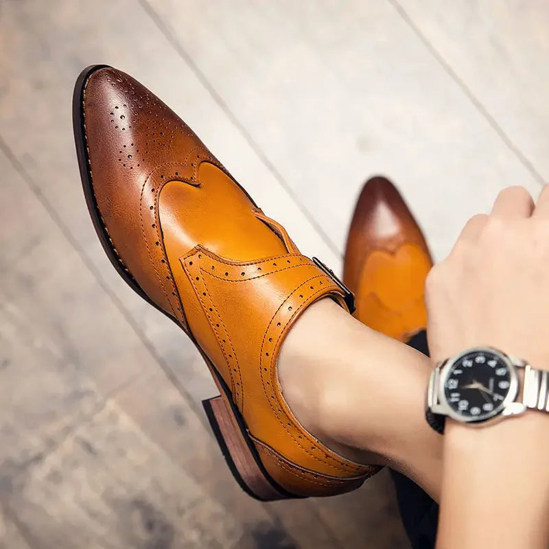 Pointed Toe Leather Brogue Shoes for Men Flat Casual Classic