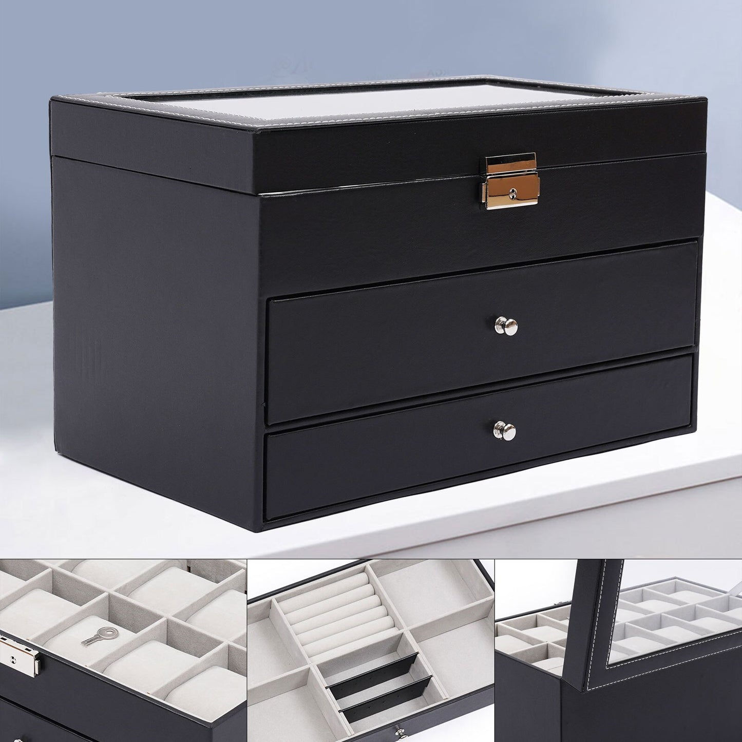 3 Layer Black Leather Box Jewelry Box Organizer Storage