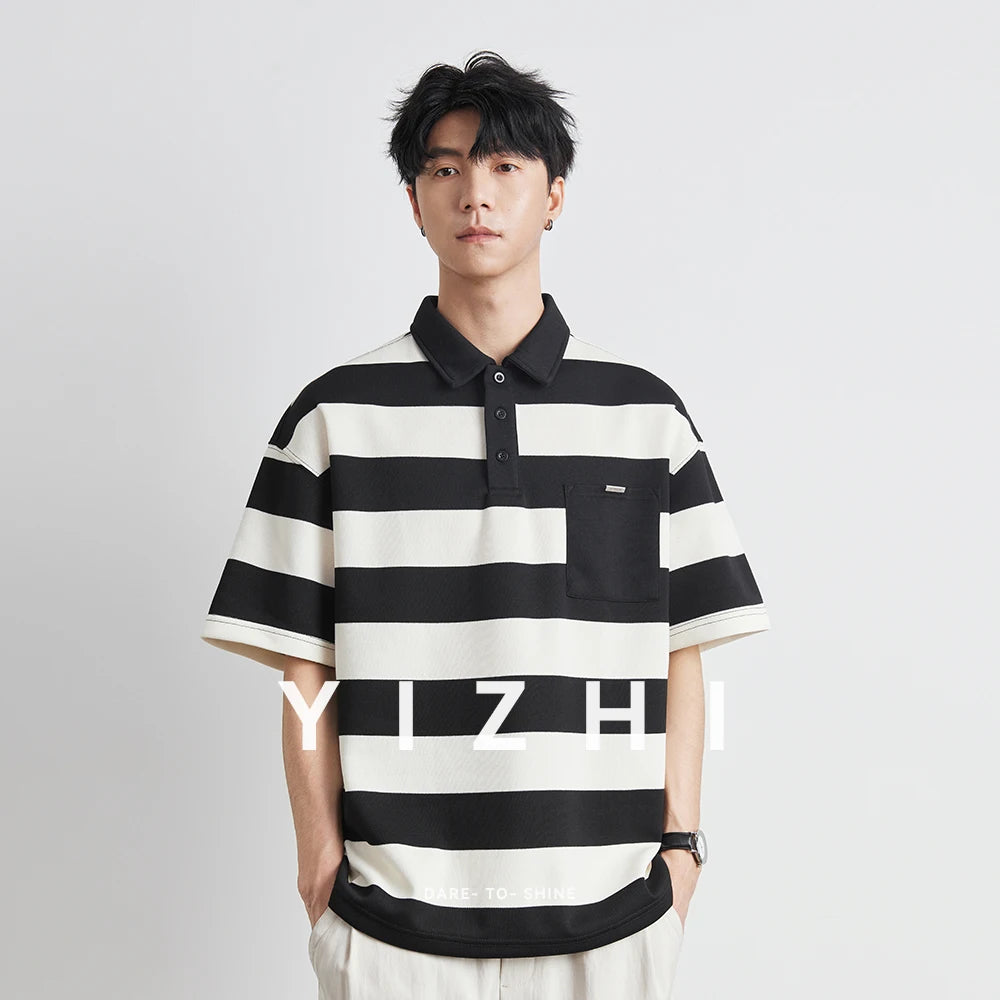 Korean Retro Striped Color Blocked Short Sleeved Men's Trend Loose And Versatile Polo Shirt