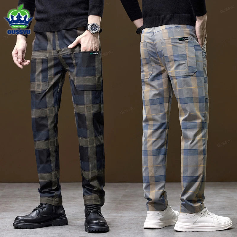 Luxury Plaid Casual Men Elastic Waist Slim Fit Korean Long Trousers