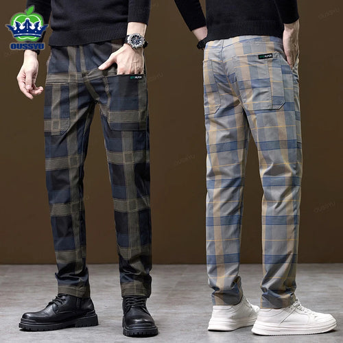 Luxury Plaid Casual Men Elastic Waist Slim Fit Korean Long Trousers