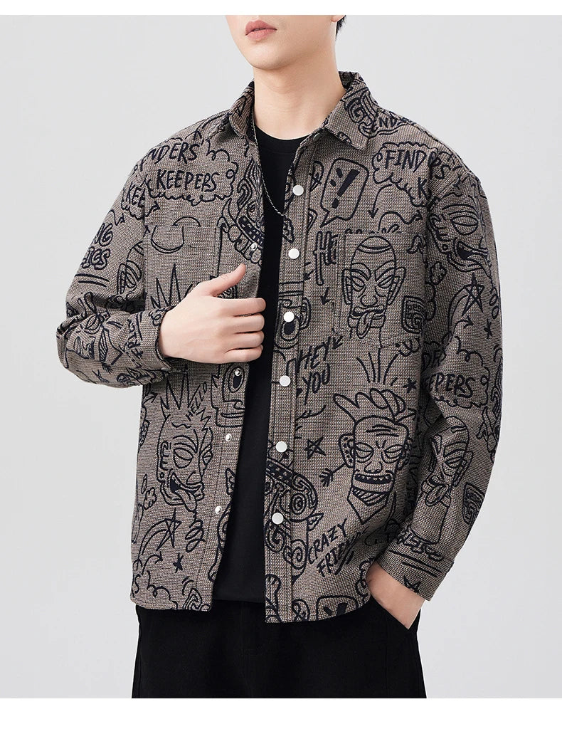 Men's Baggy Jacquard American Versatile Turn-down Collar Long Sleeve Trendy Coat