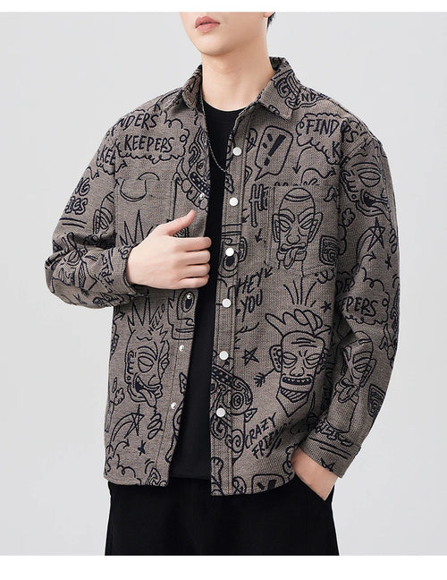 Men's Baggy Jacquard American Versatile Turn-down Collar Long Sleeve Trendy Coat