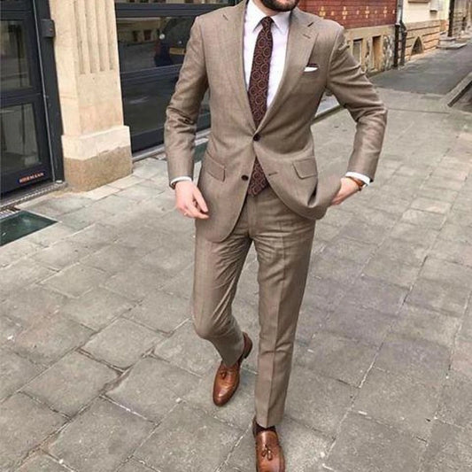 Slim Khaki Men Suits Two Pieces Notch Lapel Single Breasted Set