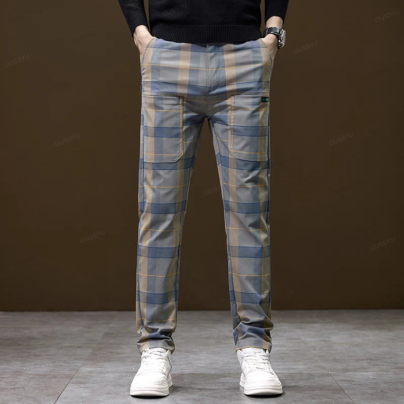 Luxury Plaid Casual Men Elastic Waist Slim Fit Korean Long Trousers