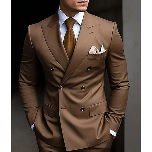 High Quality Brown Men's Bespoke Double Breasted Peaked Lapel Formal Slim Fit 2 Piece Suits