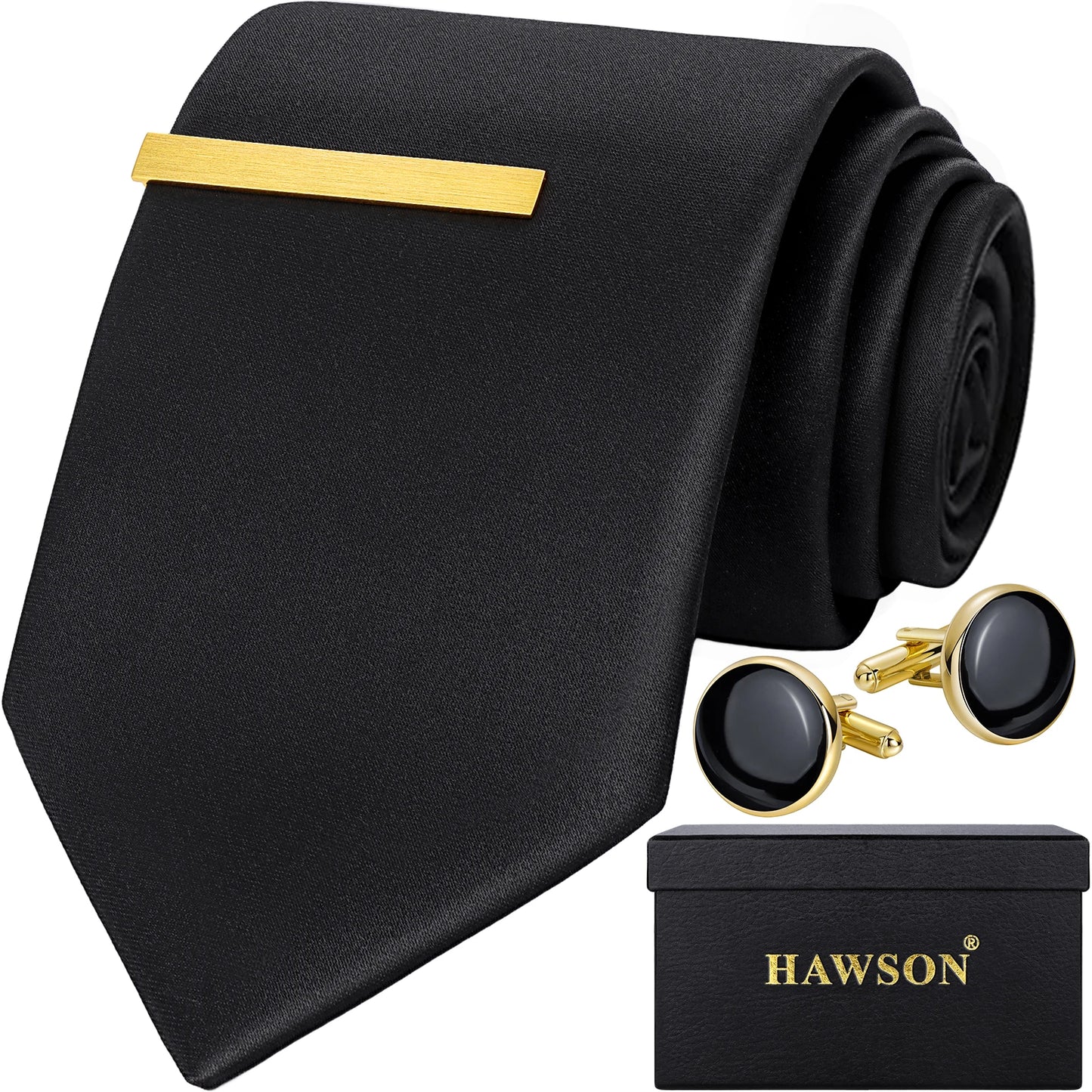 Classic Black Ties for men Tie Clips and Cufflinks Set, Solid Satin Necktie