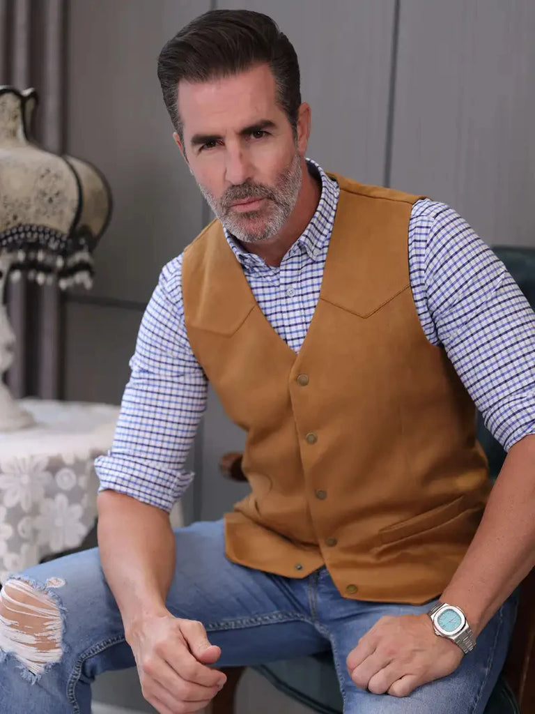 Vintage Suede Leather Men's Vest Slim Fit V-Neck Regular Fit Suit Waistcoat