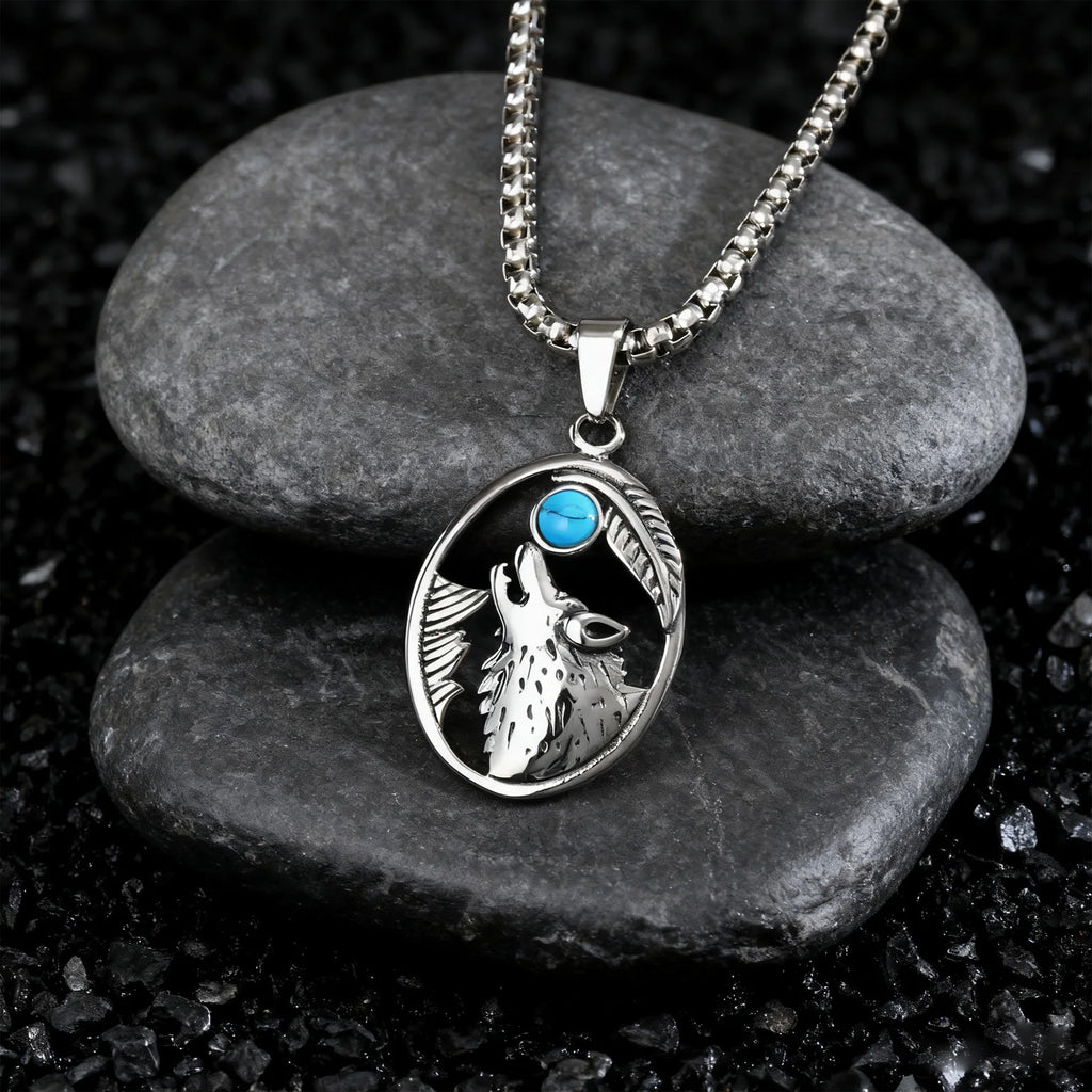 Wolf Head Oval Men's Sliver Stainless Steel Pendant with Turquoise Stone