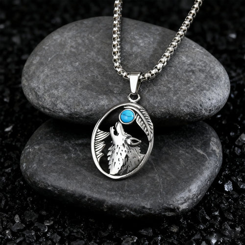 Wolf Head Oval Men's Sliver Stainless Steel Pendant with Turquoise Stone