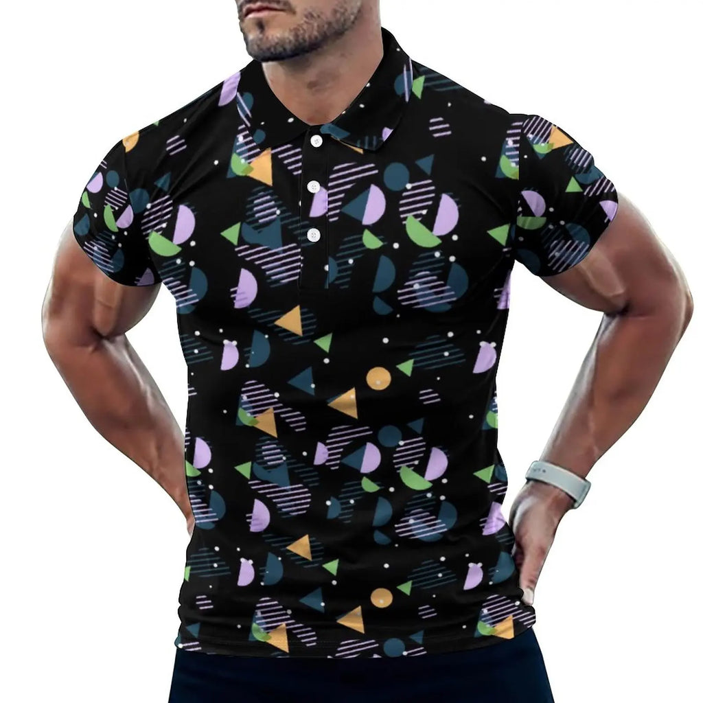 Multi Geometric Print Polo Mondrian Style Streetwear T-Shirts Collar Oversized Clothing