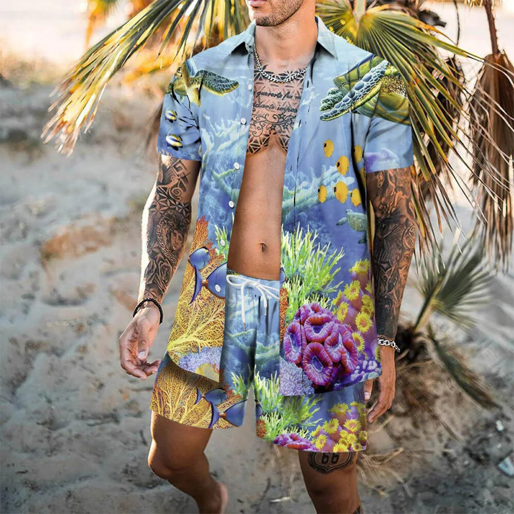 Hawaii Beach Men's Shirt Set Flamingo 3D Printed Loose Short Sleeve Shorts 2Pcs