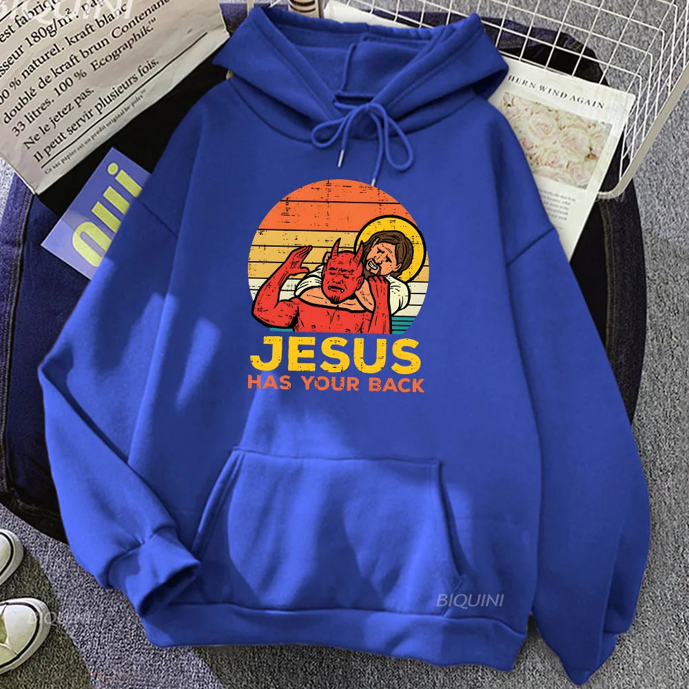 Jesus Has Your Back Jiu Jitsu Retro Christian Hoodie Men Long Sleeve Sweatshirts